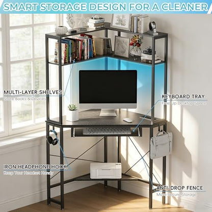 Corner Desk with Hutch and LED Light, Keyboard Tray, Carbon Black - color: Carbon Black