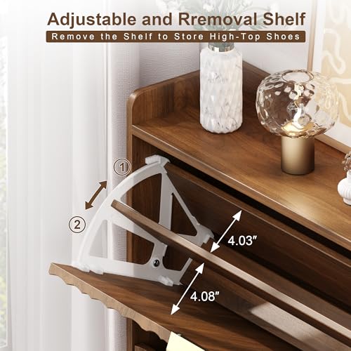 Shoe Storage Cabinet with with 2 Flip Drawers, Entryway Shoe Rack Organizer with Water Ripple Textured Front, Slim Shoe Cabinet with Gold Metal Legs for Hallway, Living Room, Walnut - size: 9.4"D x 31.5"W x 42.9"H