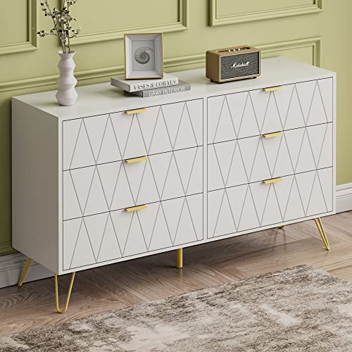 Anbuy White 6 Drawer Dresser for Bedroom Large, Double Dresser with Wide Drawers and Gold Handles, Chest of Drawers - color: White, size: 13.4"D x 47.54"W x 28.73"H(6 Drawers)