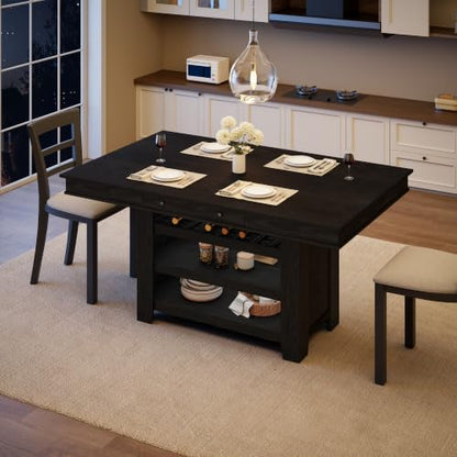 Counter Height Dining Table with Storage, Retro Black | 60" wide top seats 4-6 with deep wine rack, 2 drawers and 3 shelves for family dining, entertaining and apartment kitchens - color: Retro Black