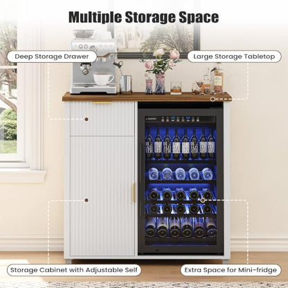 Apicizon Coffee Bar Cabinet with Fridge Space, Modern Fluted Coffee Station with Wine Beverage Storage, Drawer, Glass Holder, Wood Buffet Sideboard Table for Kitchen, Dining Room, 41.33" L, White - color: White
