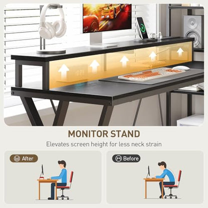 L Shaped Gaming Desk with Bookshelf, 52'' Reversible Computer Desk with LED Light & Power Outlet, Corner Desk with Storage Shelves and Monitor Stand for Home Office, Black