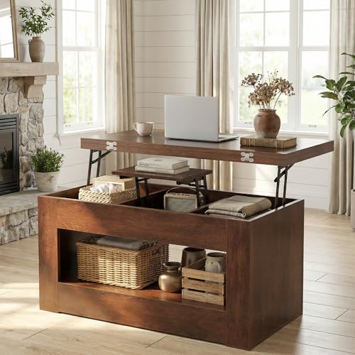 UNIQUITE 40" Lift Top Coffee Table, 4 in 1 Multi-Function Lift Coffee Tables with Storage and Hidden Compartment, Convertible Wood Coffee Tables to Dining Table for Living Room, Walnut - color: Walnut