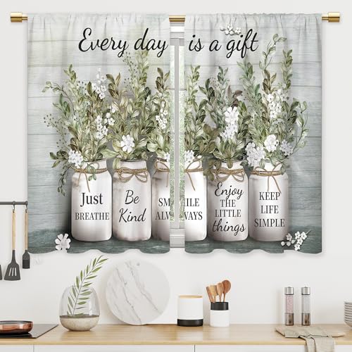 Green Leaves Eucalyptus Inspirational Kitchen & Bathroom Curtains - Rustic Flower Quotes, Farmhouse Floral Cafe Style - 27.5x39 Inch - color: A4 Green Botanical, size: 27.5"W x 39"L (Pack of 2)
