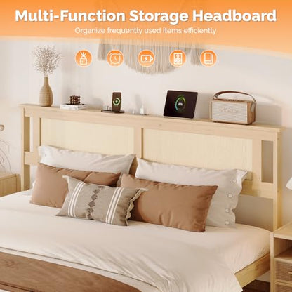 VINGLI Rattan King Bed Frame with Rattan Headboard,Boho Platform Bed with Charging Station and Underbed Storage for Bedroom,Solid Wooden Slats Surpport, Noise Free,Natural - size: King