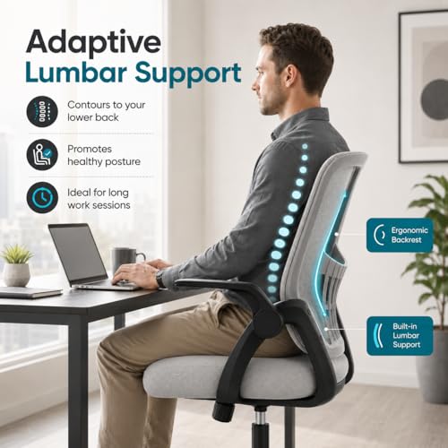 Ergonomic Office Chair, Home Office Desk Chair, Breathable Mesh Desk Chair with Adjustable Lumbar Support and Flip-up Armrests, Game Chairs, 360° Swivel Desk Chairs for Conference, Meeting Room(Grey) - color: Grey
