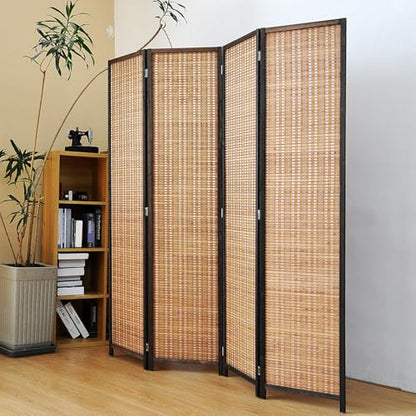 4 Panel Bamboo Room Divider Screen,5.6 FT Tall Bamboo Divider Folding Panel Screen,Freestanding Panel Divider for Room Seperation,Brown - color: Brown, size: 4 Panel