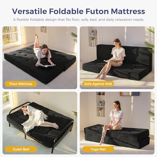 MAXYOYO Foldable Mattress, 8-Inch Tufted Futon Mattress with Handles | Tufted Floor Sofa Bed and Versatile Mattress, Carry Handles for Living Rooms or Guest Rooms, Frame Not Included, Black - color: Black