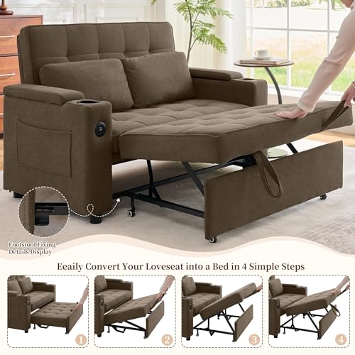 Korser 55.5'' 3-in-1 Convertible Sofa Bed, Pull Out Couch with 5-Position Adjustable Backrest, Loveseat Sleeper Sofa for Small Spaces, Sofa Couch with Cup Holders for Living Room, Office, Chenille - color: Brown