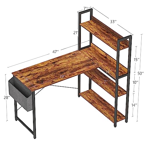 Treesland 47 Inch Computer Desk with Bookshelf, Corner Desk with Storage, L Shaped Desk, Home Office Desks, Writing Study Desk for Bedroom, Brown - color: Brown, size: 47 inch