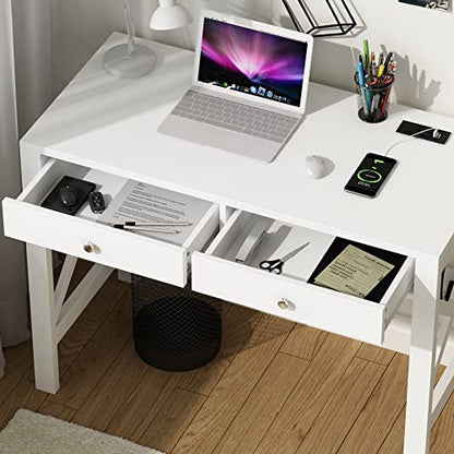 ChooChoo 40 Inches Farmhouse Computer Desk with 2 Drawers & Power Outlets | Wooden Writing Desk, Study Desk for Home Office, Makeup Vanity, White - color: White, size: 40inch with Power Outlet