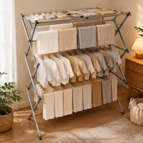 Drying Racks 3 Tier Expandable Clothes Airer Collapsible Clothes Drying Rack, Space-Saving Laundry, Hanging Clothes Indoors & Outdoors, Lightweight, Compact, Folds Away for Convenient Storage