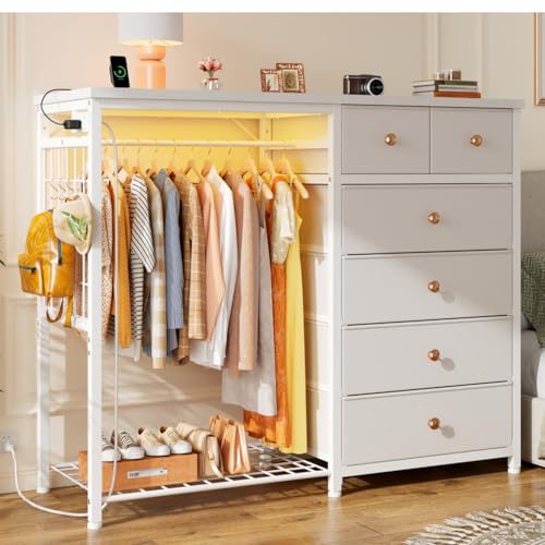 EnHomee 125cm W 드레서, 걸이용 랙 및 서랍 6개, 그리드 패널 및 후크 4개 포함 | LED 조명 및 충전 스테이션, 침실용 나무 상단 정리 유닛, 스틸 프레임이 있는 서랍장, 화이트 - color: 화이트.