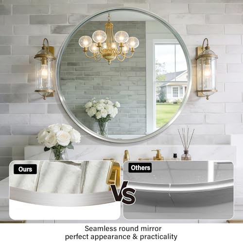 30-Inch Circle Mirro Brushed Nickel Silver Wall Mounted Round Mirror, Glass Panel Circle Deep Set Design Stainless Steel Framed Mirror for Bathroom Vanity, Entryways, Living Rooms - size: 30"L x 30"W