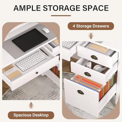 4 EVER WINNER White Desk with Drawers, 47'' Small Desk with File Drawer for Small Spaces, Wood Computer Desk with Monitor Stand for Home Office, Bedroom, White - color: White