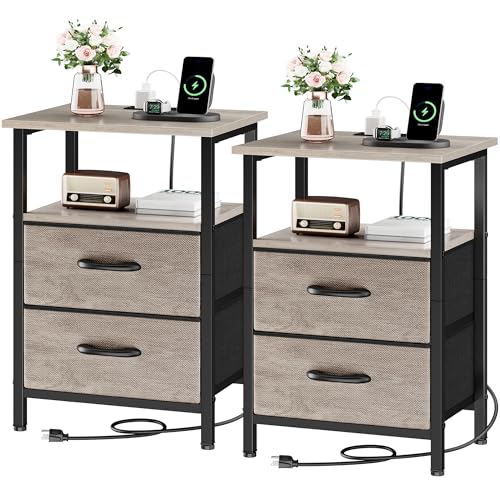 Night Stand Set 2, Nightstand with Charging Station, Bedside Tables with USB Ports and Outlets, 24.2" Tall End Table with Open Shelf, Bed Side Tables with 2 Fabric Drawers for Bedroom, Greige - color: Greige, size: 2 Pieces, style: Ordinary