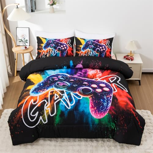 Aimuan Gamer Gaming Bedding Sets 3D Gamepad Comforter Sets for Boys Games Console Action Buttons Novelty Colorful Game Controller Modern Room Decor Home Quilt Set (Black-Purple, Twin) - color: Black-purple, size: Twin