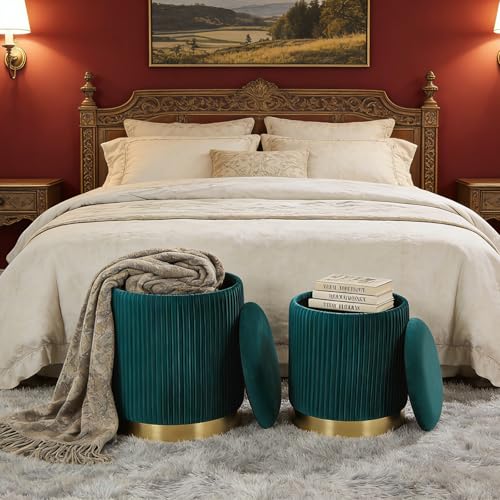 YYW HOME Round Ottoman with Storage Set of 2 Green Velvet Vanity Stool | Removable Lid, Gold and Green Ottoman,Hidden Storage Stool, Small Coffee Table for Living Room,Nest Packing, Assembly Free - color: Green