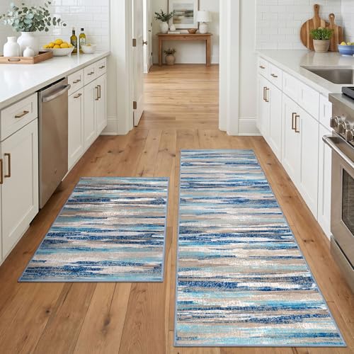 Lansny Modern Abstract Washable Kitchen Rug Non Slip Set of 2, 2x3 and 2x6 | Blue;Thin Printed Faux Wool;Rug and Runner Set;Throw Rugs for Bedside, Hallway, Entryway, Laundry Room;Floor Carpet Runner - color: Blue Aqua/Beige Taupe Multi, size: 2' x 6' (Se