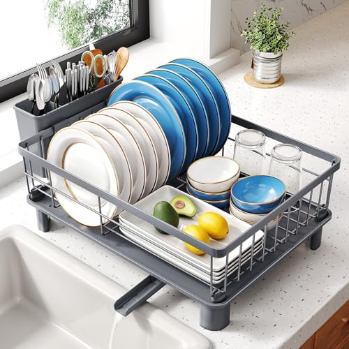 SNTD Dish Drying Rack for Small Kitchen Counter, 11" W x 15" L, Grey | Space Saving, Rotating Spout & Angled Drainboard for Quick Drainage, Stainless Steel, Removable Utensil Holder - color: Gray, size: 11" W x 15" L