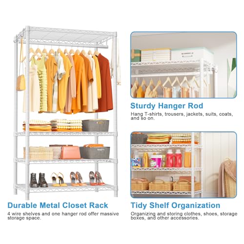 H4 Portable Closets, 4-Tier Metal Clothes Garment Rack for Bedroom and Cloakroom, Clothing Closet Storage and Organizer Wardrobe, 35.4" W x 14" D x 76.4" H, White | White Freestanding Clothing Closet Storage and Organizer Wardrobe for Apartment and Cloakr