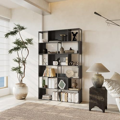 IDEALHOUSE 6-Tier Bookshelf, Tall Geometric Bookcase, Modern Room Divider & Display Shelf with Anti-Tipping Devices, Mid Century Bookshelf for Living Room - color: Black