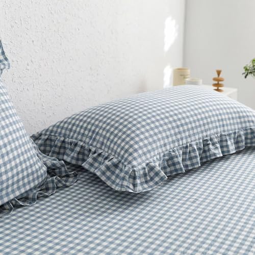MKXI Blue and White Gingham Duvet Cover Twin Size, 3-Piece Bedding Set with Ruffles - 100% Soft Washed Cotton, Crisp Breathable - Nautical Coastal Classic Style Comforter Cover - color: 002 Ruffle- Blue Gingham, size: Twin