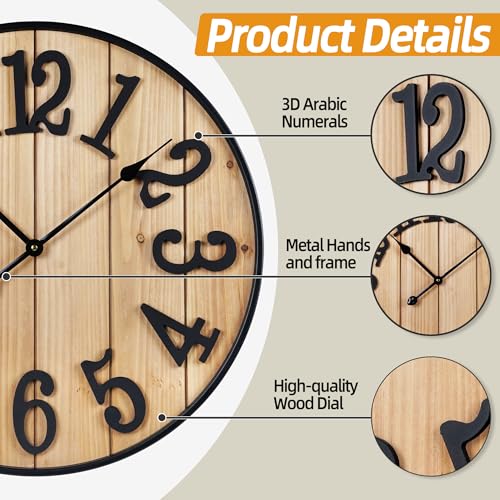 Large Wall Clock 20IN, Silent Metal Wood Style Wall Clocks Battery Operated for Living Room Decor, Farmhouse Big wall Clock, Outdoor - color: Wood-arabic, size: 20IN