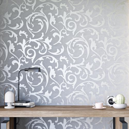 mamonhome Silver Grey Peel and Stick Wallpaper - 20.8" x 393" Self-Adhesive Non-Woven Wall Decals for Modern Living Room, Bedroom, Kitchen - color: flower