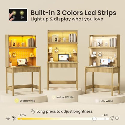 Lvifur 31.5" LEDStudy Desk with Hutch,Outlets,Reading Lights | Computer Desk with Charging Station,2 Drawer,Compact Writing Desks,Home Office Desks for Bedroom,Natural - color: Natural