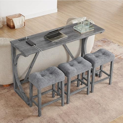 59" Dining Bar Table Set with Power Outlet, Behind Couch Sofa Table with 3 Padded Stools, 4 Piece Bar Table and Chairs Set for Living Room, Dining Room, Gray - color: O1-grey