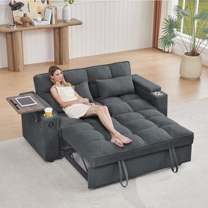 66" Multi-Functional Pull-Out Sofa Bed with Hidden Side Table, Storage Armrests, Built-in Charging Port, Spring Mattress, Solid Wood Frame – Ideal for Small Spaces, Easy Assembly - color: Black-d-l