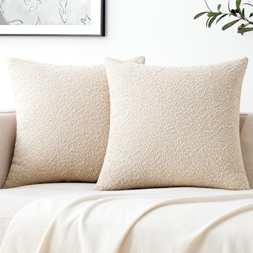Mixhug Decorative Boucle Throw Pillow Covers, Beige, 18 x 18 Inches, Pack of 2 - Neutral Textured Boho Pillow Covers for Couch and Bed - color: Beige, size: 18" x 18" (Pack of 2)
