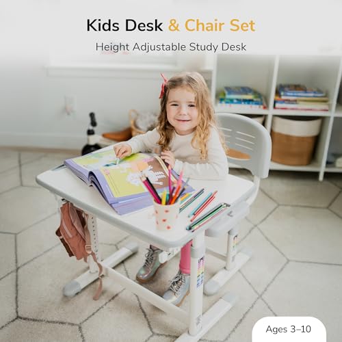 Mount-It! Kids Desk and Chair Set Height Adjustable up to 30" Ergonomic for School - Table and Chairs for Student 26" x 18" Tabletop with Pencil Drawer, 3-10 Age Children, Grey - color: Grey