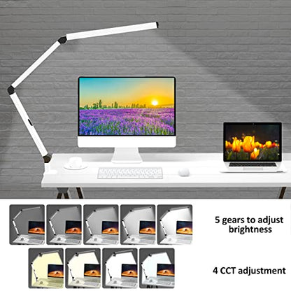 LED Desk Lamp for Home Office, Architect Clamp Desk Lamp with Remote Control, Adjustable Dimmable Swing Arm Clamp on Table Light Clip-on Dual Light 5 Brightness Levels & 4 CCT Modes - color: White+Remote