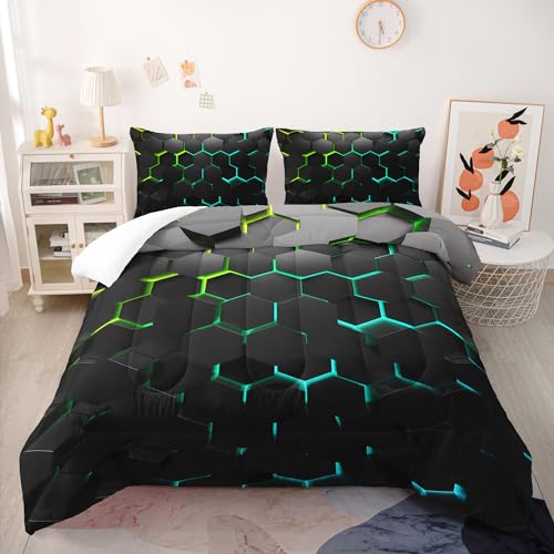 Geometric Green Black Neon Comforter Set,Light Honeycomb 3 Piece Bedding Set Twin for Teen Boys,Modern Bedding Quilt Set Geometry Decor,Microfiber Lightweight 1 Comforter 2 Pillowcases All Season - color: Geometric Green Black Neon, size: Twin