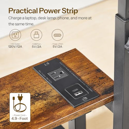 HOOBRO C-Shaped End Table, Adjustable Height Side Table with Power Strip | Couch Table with 20.5"L x 15"W Spacious Desktop, TV Tray Table with Storage Shelves for Living Room, Sofa Chair, Rustic Brown - color: Rustic Brown + Black