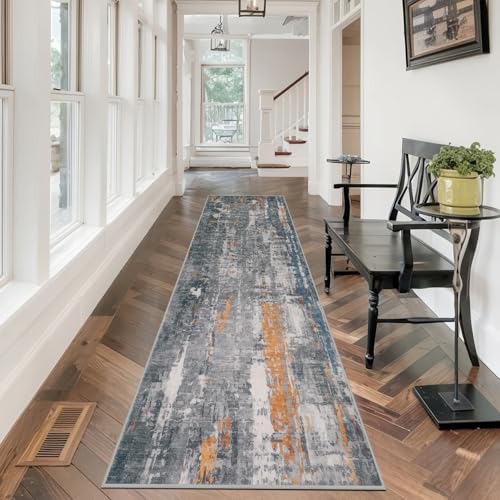 famibay Modern Abstract Runner Rugs for Hallway 2x10 Runner Rugs with Rubber Backing Washable Hallway Rug Runner Non Slip Runner Rug Long Soft Wool Carpet Floor Runners for Hallways (Gray and Rust) - color: Grey and Rust, size: 2 x 10 feet