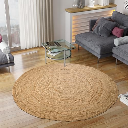 Hausattire Jute Braided Round Rug, Natural, 6 ft | 100% natural jute, hand woven, reversible, boho farmhouse style, entryway/kitchen/living room use - color: Natural, size: 6' Round