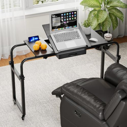 GiftGo Overbed Table with Wheels Rolling Laptop Desk Cart Over Recliner Wheelchair Table Adjustable for Hospital and Home Use Over The Bed Table with Storage Drawer and Cup Holder (Black) - color: Black