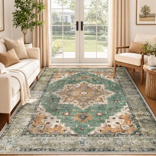 Area Rug 5x7 Vintage Rug: Washable Indoor Medallion Rugs Low Pile Distressed Floor Carpet Retro Accent Rug for Living Room Bedroom Kitchen Dining Table Home Office(Brown Green, 5'x7') - color: Brown Green, size: 5' x 7' (Rectangular)
