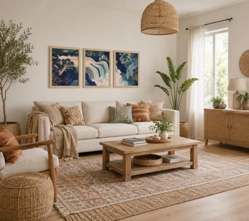 3Pcs Framed Canvas Murals Japanese Modern Landscape Blue-Green Mountain And Water Abstract Nature Posters Art Gallery Living Room Office Home Wall 16x24 Inches Ready To Hang - color: Japanese-1, size: 16x24 Inch