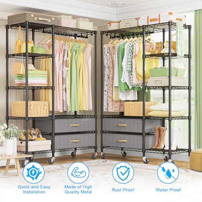 F3R Heavy Duty Clothes Rack（With Lockable Wheels）Freestanding Clothing Racks for Hanging Clothes，Adjustable Closet Organizer System，Portable Garment Rack 40"W x 15"D x 74"H，Max Load 700LBS，Black - color: Black, style: Rolling