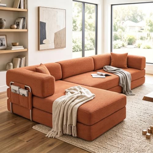 GEARIVY Folding Sofa Bed Convertable Corduroy Couch King Size Floor Sleeper 4-in-1 DIY Combination Modular Sofa Fold Out Futon Lounge Comfy Foldable Lazy cama for Living Room - color: Orange, size: 4-seater with a chaise