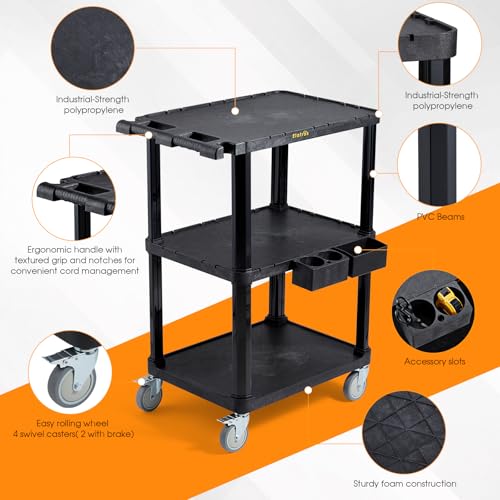 3-Tier Heavy Duty Flat Top Rolling Utility Cart, 27.5 x 18.25 in | 330 lbs Capacity, Flat Top Shelves, Industrial Plastic, Swivel Wheels, Multipurpose Work Cart, Service Tool Organizer - style: Standard