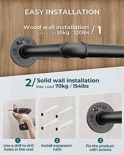 OROPY 65.7" Heavy Duty Industrial Pipe Clothes Rack for Hanging Clothes | Wall Mounted Clothes Bar, Space Saving Iron Garment Rack, Multi-Purpose Hanging Rod for Bedroom, Closet, Black, 3 Base