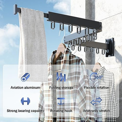 HEILAIYI Clothes Drying Rack,Laundry Drying Rack,Wall Mounted Clothes Rack,Laundry Rack Wall Mount,Folding Retractable Collapsible Drying Rack Clothing (Three-Poles,Loop Shape Hooks) - size: Black/Loop-Shape Hooks