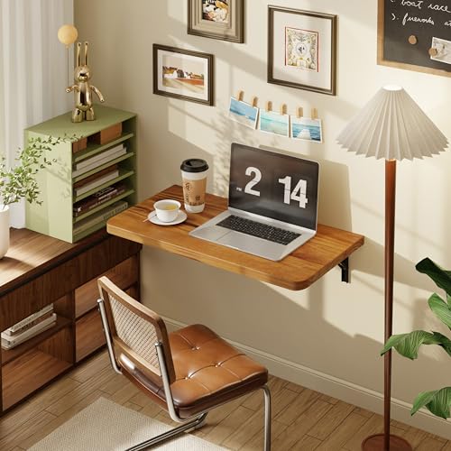 Dogsky 24" x 14" Floating Wall Desk, Fold Down Wall Table - 100 lbs Heavy Duty Solid Pine Wall Mount Folding Desk for Home Office, Laundry Room, Kitchen & Small Apartment, Burning Yellow - color: Burning Yellow, size: 24'' x 13.7'' x 6.3''