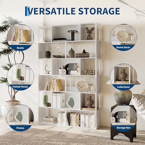 Garvee 6-Tier Bookshelf, Tall Geometric Bookcase, Modern Room Divider & Display Shelf with Anti-Tipping Devices, Mid Century Bookshelf for Living Room - color: White, style: 6-tier
