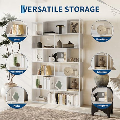 Garvee 6-Tier Bookshelf, Tall Geometric Bookcase, Modern Room Divider & Display Shelf with Anti-Tipping Devices, Mid Century Bookshelf for Living Room - color: White, style: 6-tier